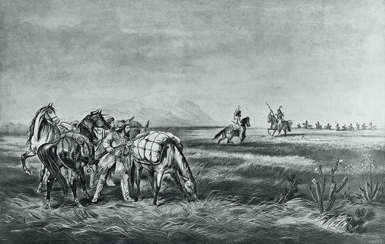 Pace o guerra, incontro tra gli indiani e i cacciatori bianchi, pubblicato da Colin Simkin da Currier and Ives