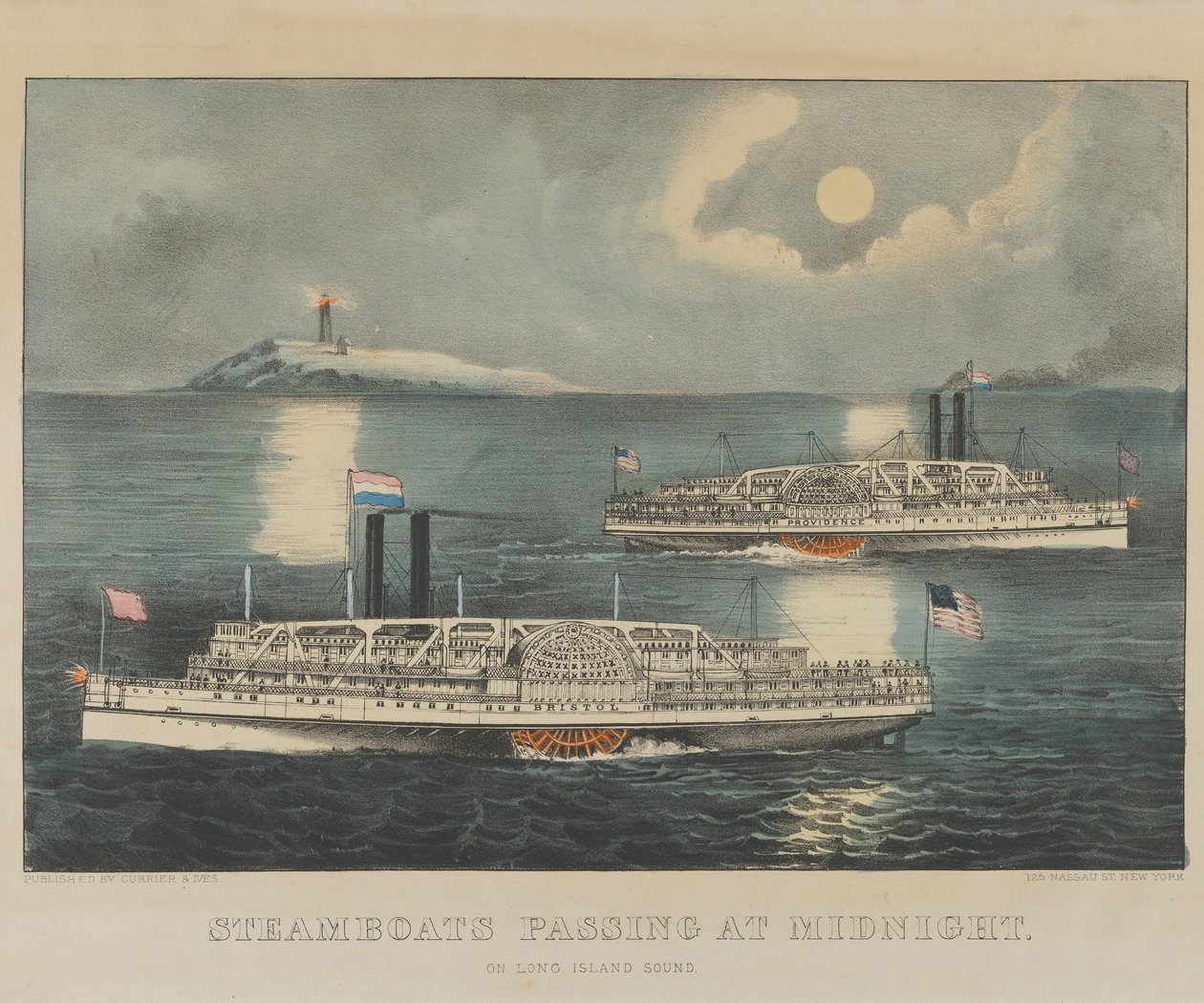 Battelli a vapore che passano a mezzanotte sul Long Island Sound da Currier and Ives