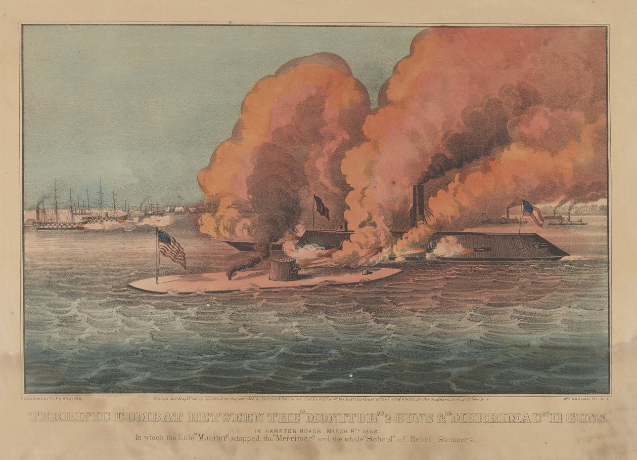 Terribile Combattimento tra il "Monitor" 2 Cannoni e il "Merrimac" 11 Cannoni a Hampton Roads, 9 marzo 1862 da Currier and Ives