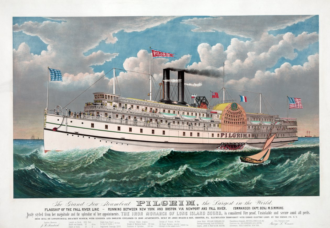 Il grande nuovo battello a vapore Pilgrim, c.1883 (litografia a colori) da Currier and Ives