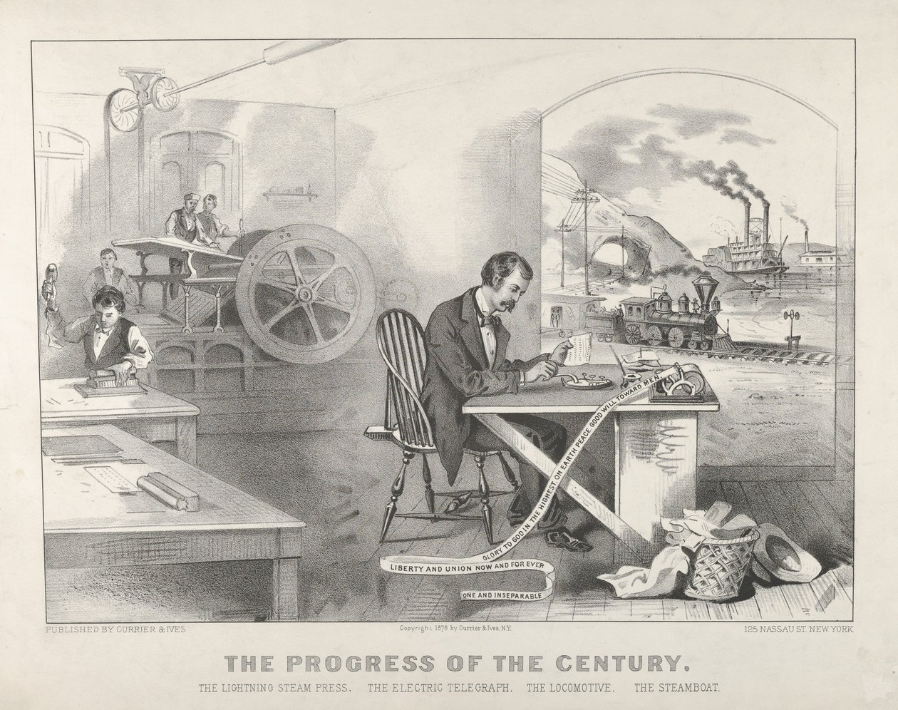 Il progresso del secolo: la stampa a vapore fulminea, il telegrafo elettrico, la locomotiva, il battello a vapore da Currier and Ives