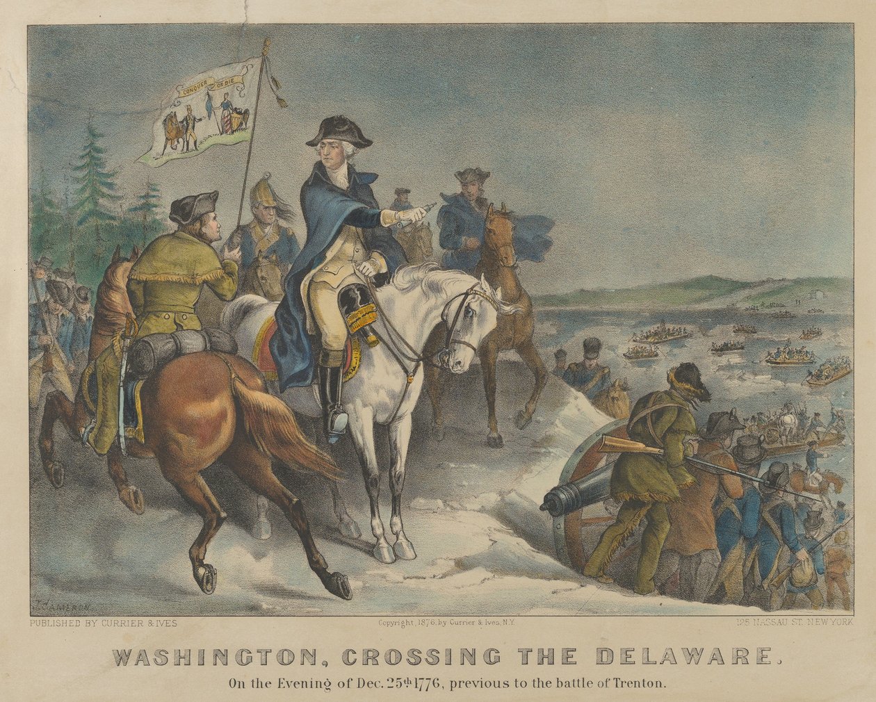 Washington attraversa il Delaware la sera del 25 dicembre 1776, prima della battaglia di Trenton da Currier and Ives