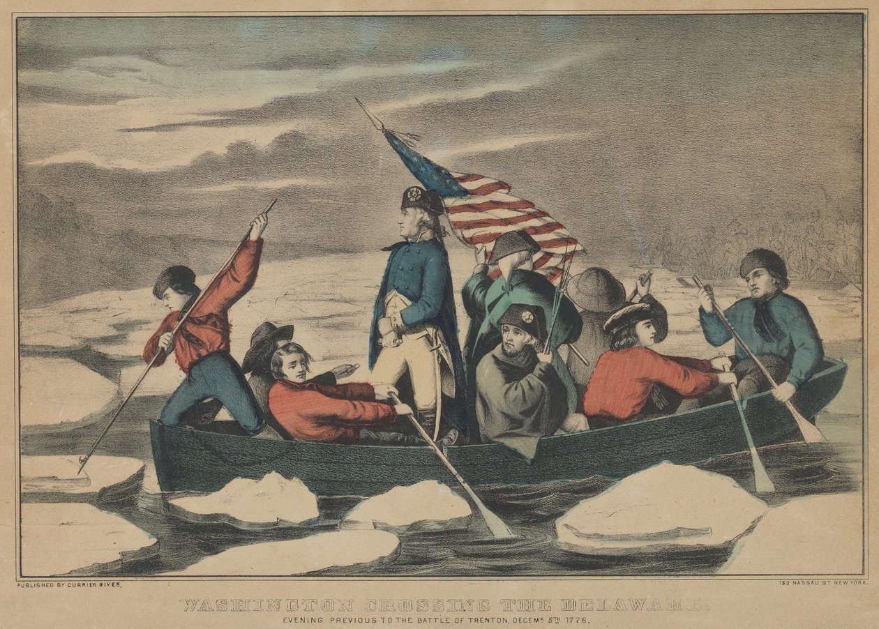 Washington attraversa il Delaware la sera prima della battaglia di Trenton, 5 dicembre 1776 da Currier and Ives