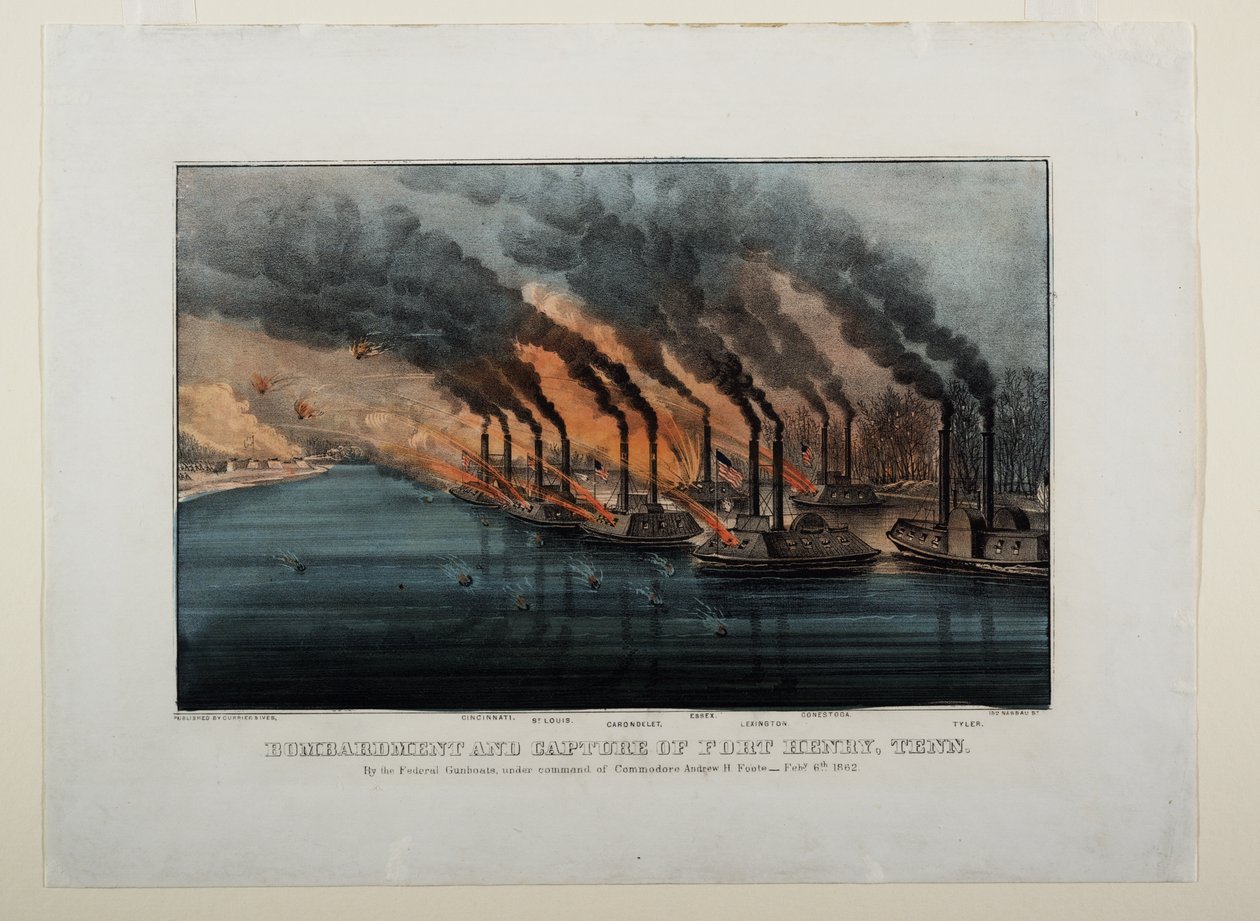 Bombardamento e cattura di Fort Henry, Tenn, c.1862 da N. and Ives, J.M. Currier