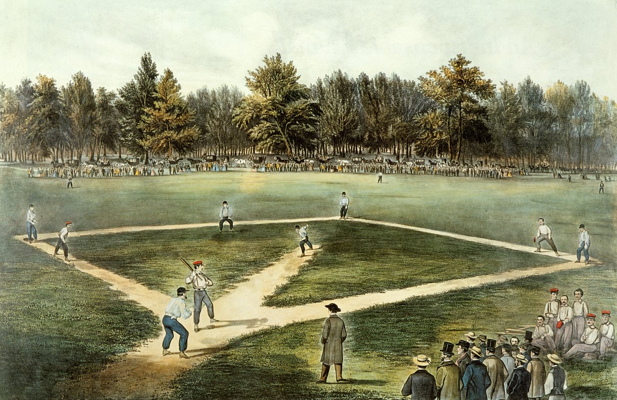 Il gioco nazionale americano del baseball - Grande partita agli Elysian Fields, Hoboken, NJ, 1866 da N. and Ives, J.M. Currier