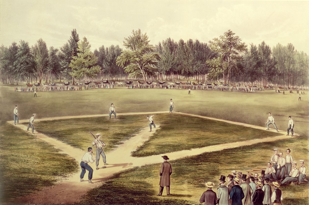Il gioco nazionale americano del baseball - Grande partita agli Elysian Fields, Hoboken, NJ, 1866 da N. and Ives, J.M. Currier