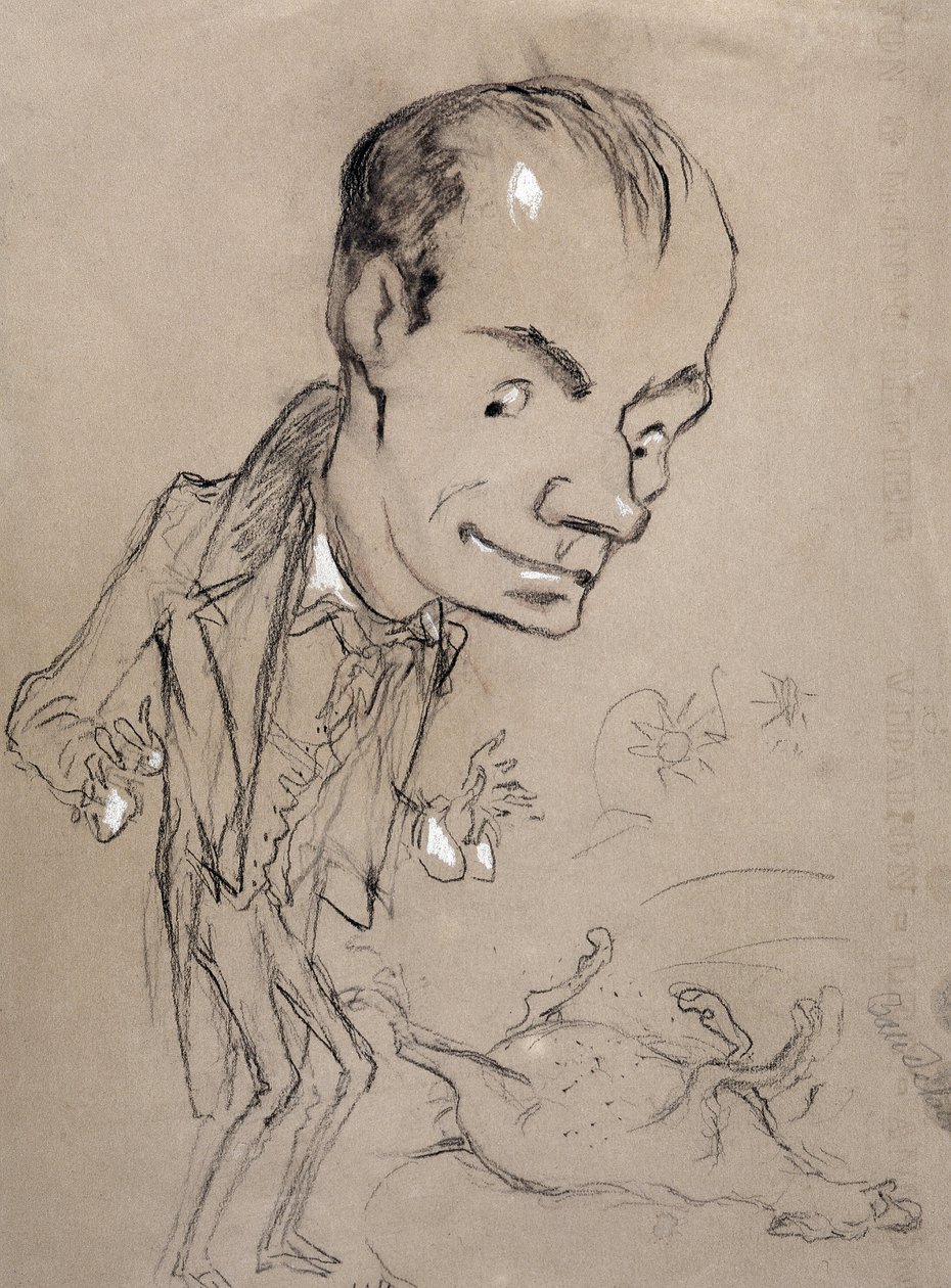 Baudelaire stupito davanti a un cavallo morto e sulla sua schiena. Rappresentazione di Charles Baudelaire poeta francese (1821-1867) da Nadar