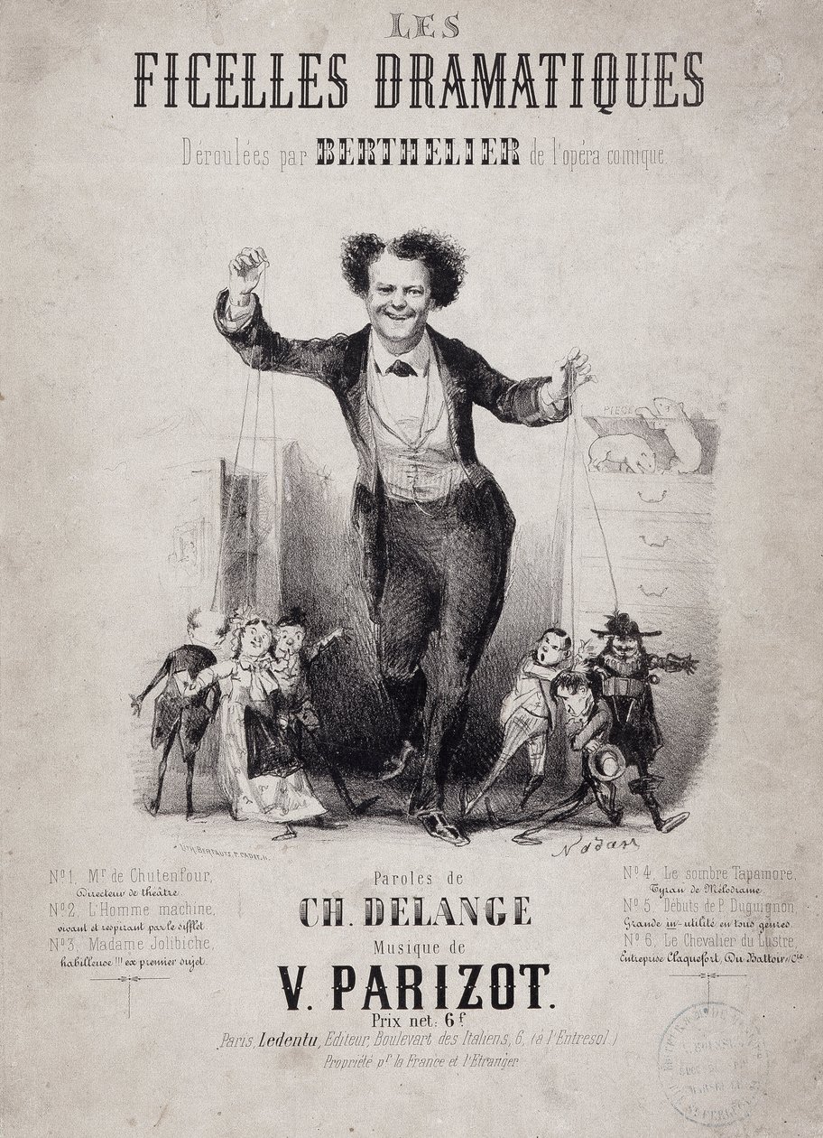 Ritratto di Jean Berthelier (1830-1888) con i figli delle marionette. Album "Les Ficelles Dramatiques deroulees by Berthelier de l