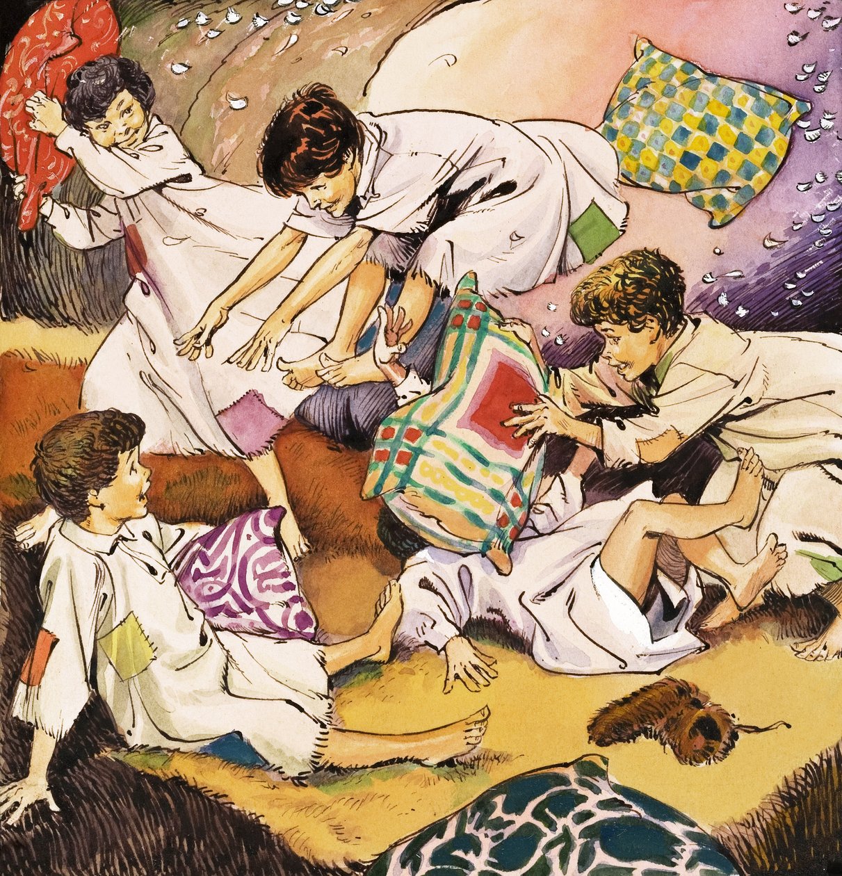 Una lotta di cuscini, illustrazione da "Peter Pan" di J.M. Barrie (gouache su carta) da Nadir Quinto