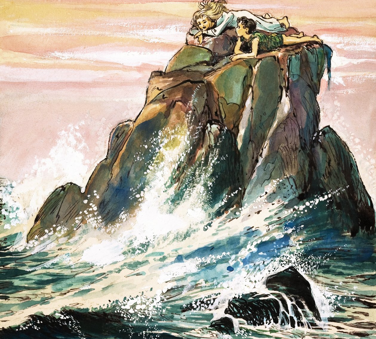 Peter Pan e Wendy Darling su una roccia, illustrazione da "Peter Pan" di J.M. Barrie (gouache su carta) da Nadir Quinto