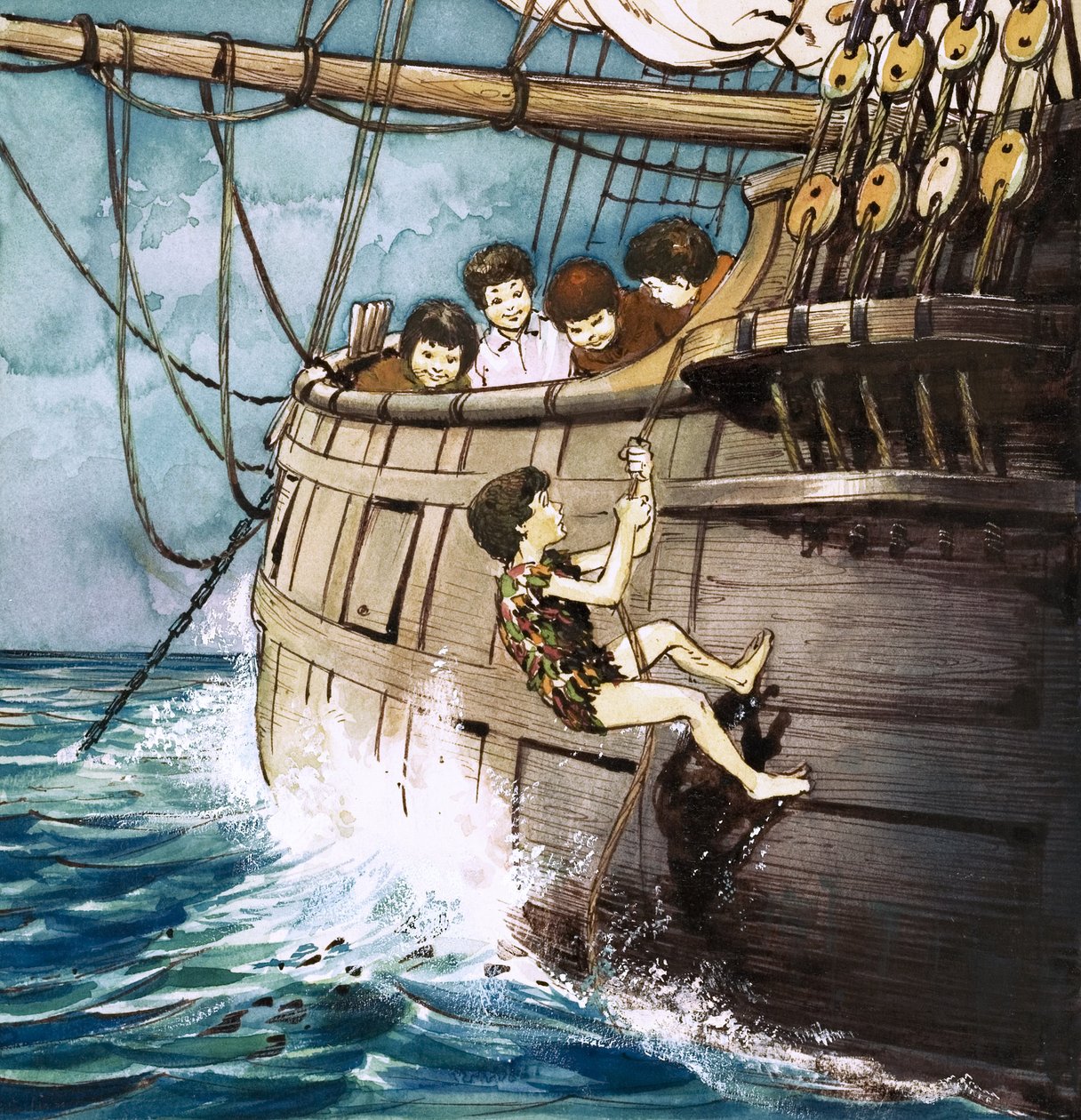 Peter Pan che sale a bordo, illustrazione da "Peter Pan" di J.M. Barrie (guazzo su carta) da Nadir Quinto