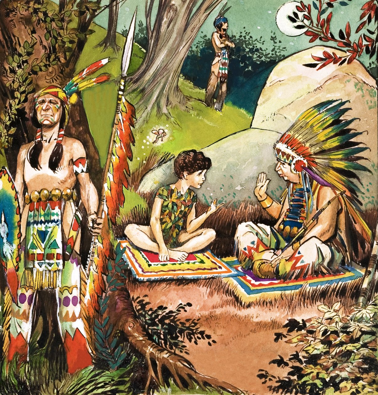 Peter Pan parla con il capo tribù, illustrazione da "Peter Pan" di J.M. Barrie (gouache su carta) da Nadir Quinto