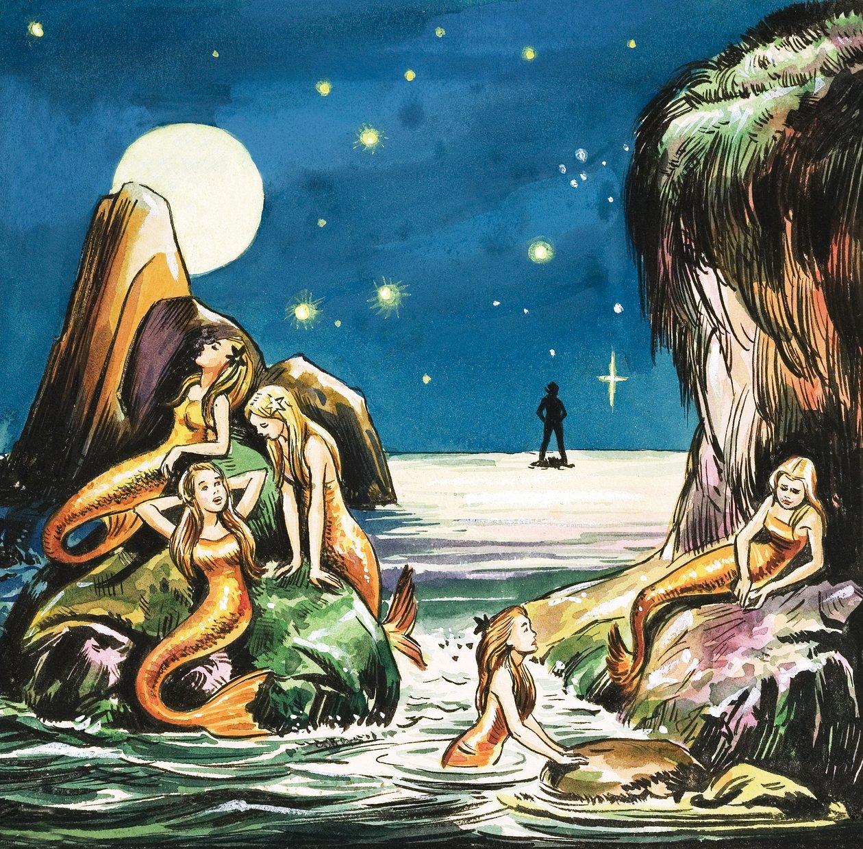 Peter e le sirene, illustrazione da "Peter Pan" di J.M. Barrie (gouache su carta) da Nadir Quinto
