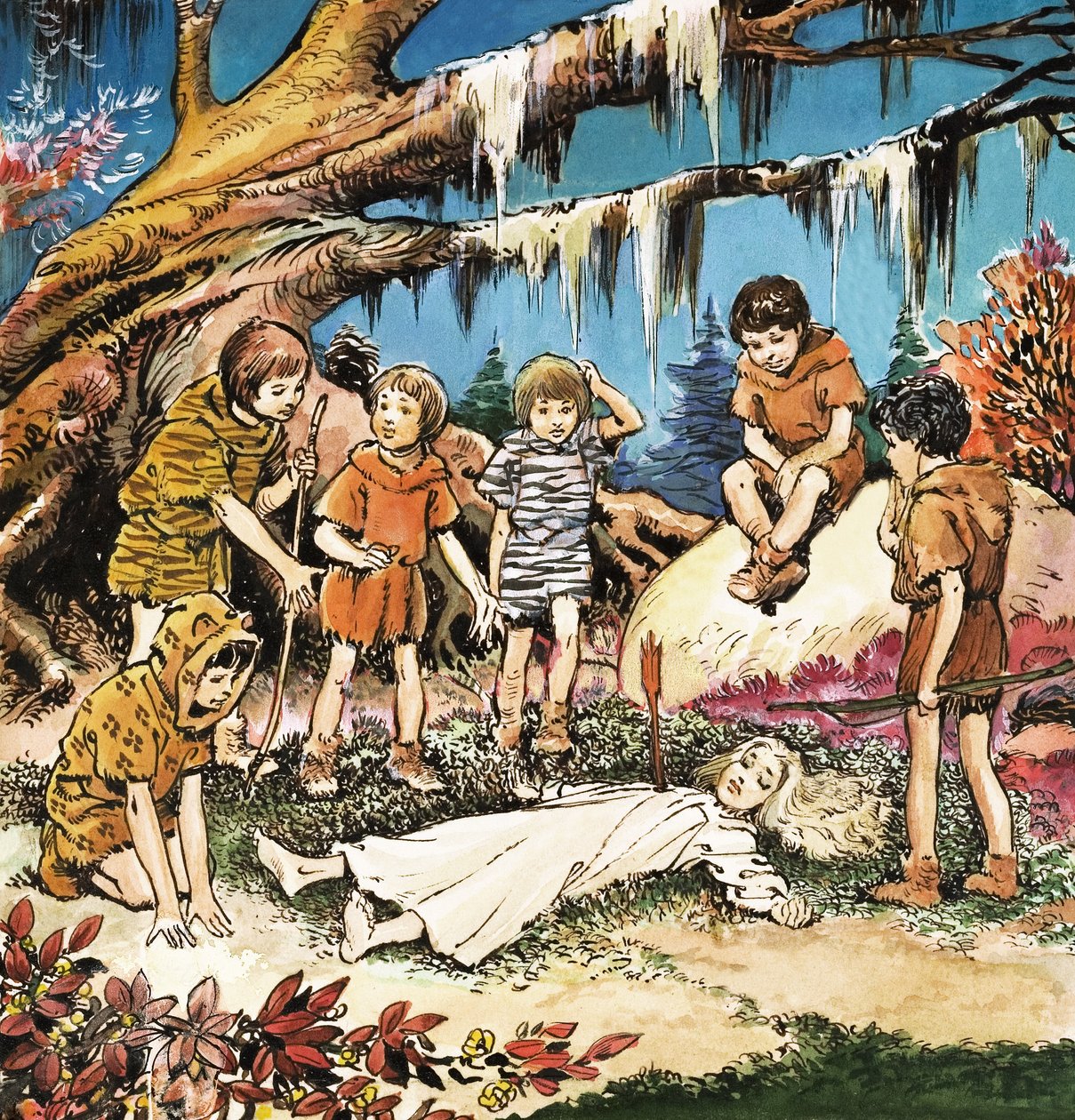 La preoccupazione dei Bimbi Sperduti per Wendy ferita, illustrazione da "Peter Pan" di J.M. Barrie (gouache su carta) da Nadir Quinto