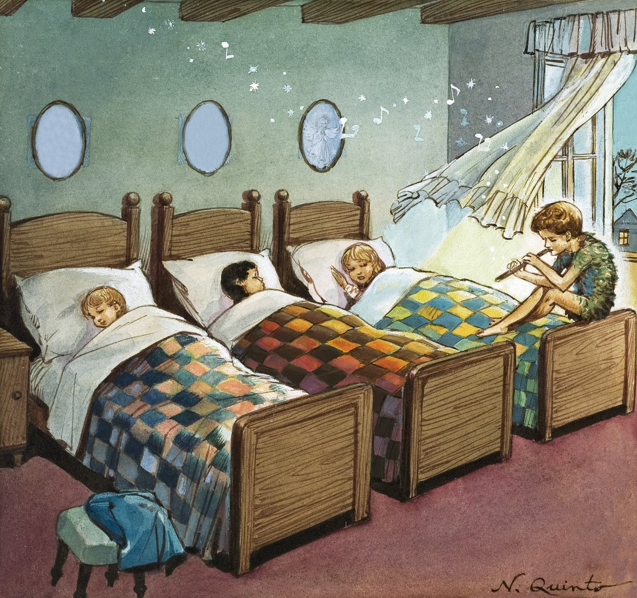 Wendy, Michael e John che dormono, illustrazione da "Peter Pan" di J.M. Barrie (gouache su carta) da Nadir Quinto