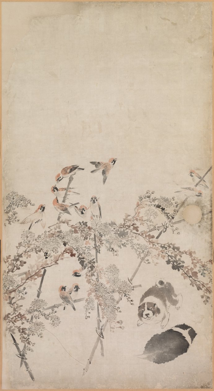Cuccioli, Passeri e Crisantemi da Nagasawa Rosetsu