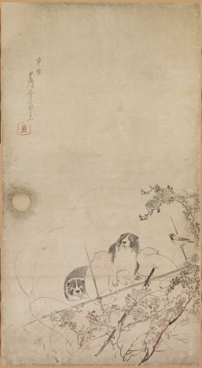 Cuccioli, passeri e crisantemi, 1754-1799 da Nagasawa Rosetsu
