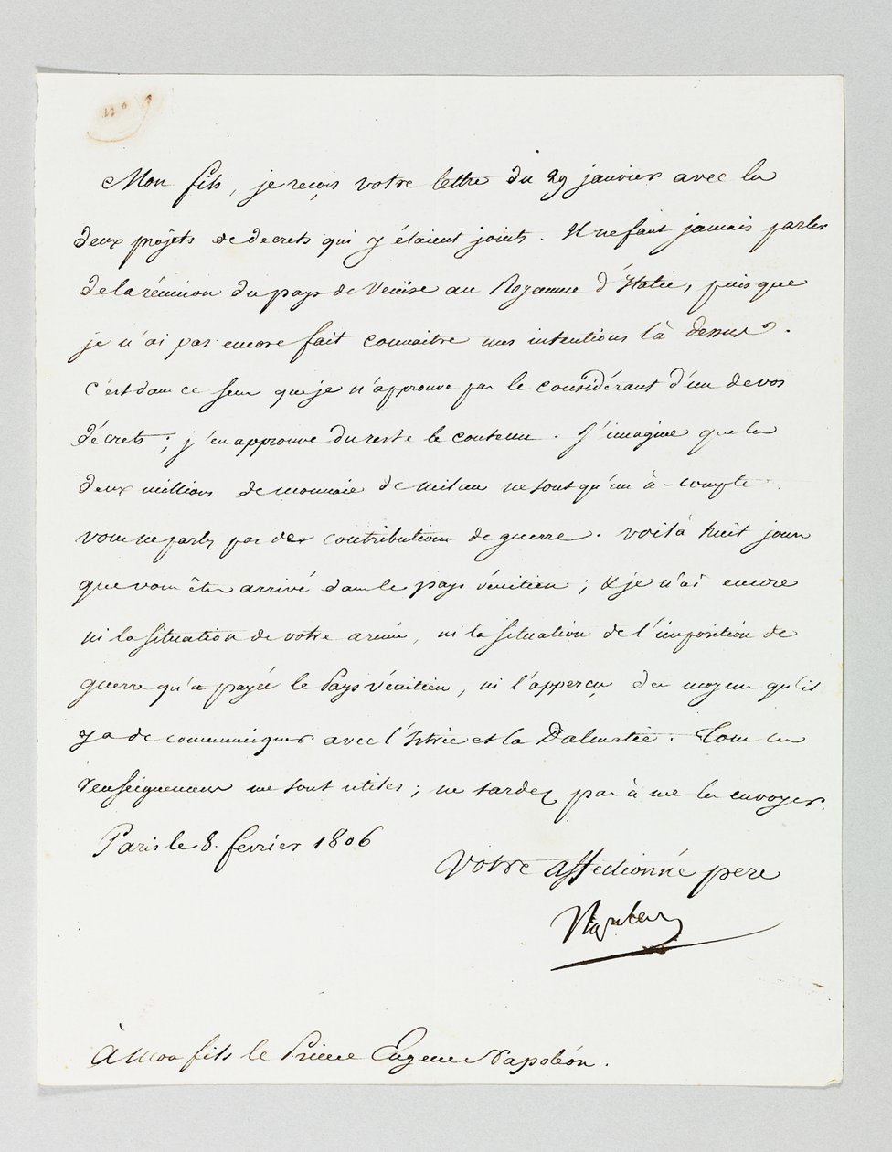Lettera firmata da Napoleone al suo figliastro, Principe Eugenio di Beauharnais da Napoleon Bonaparte
