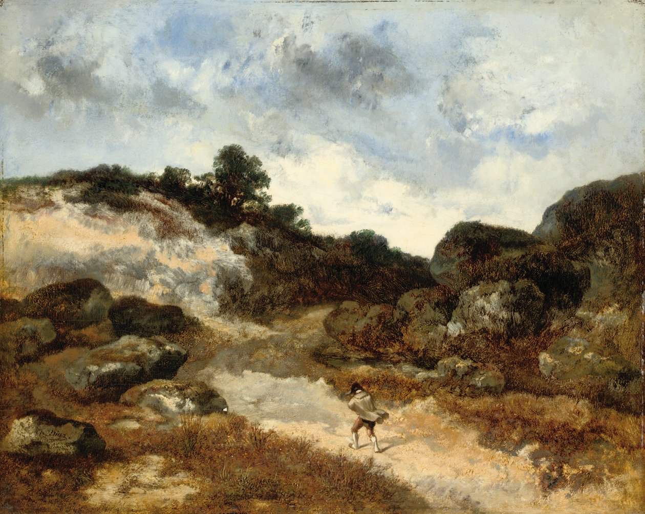 Prima della tempesta, un personaggio sulla strada rocciosa verso Jean-de-Paris da Narcisse Virgile Diaz de la Peña