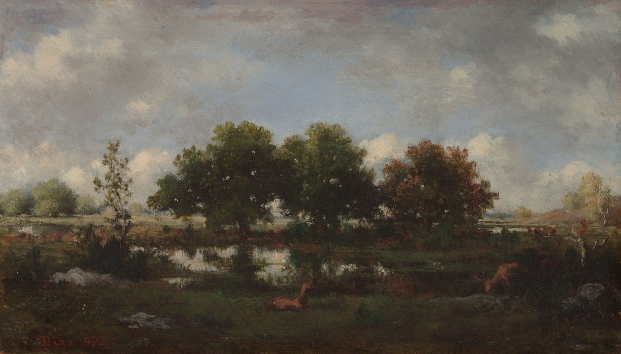 Paesaggio boschivo con cervi maschi da Narcisse Virgile Diaz de la Peña