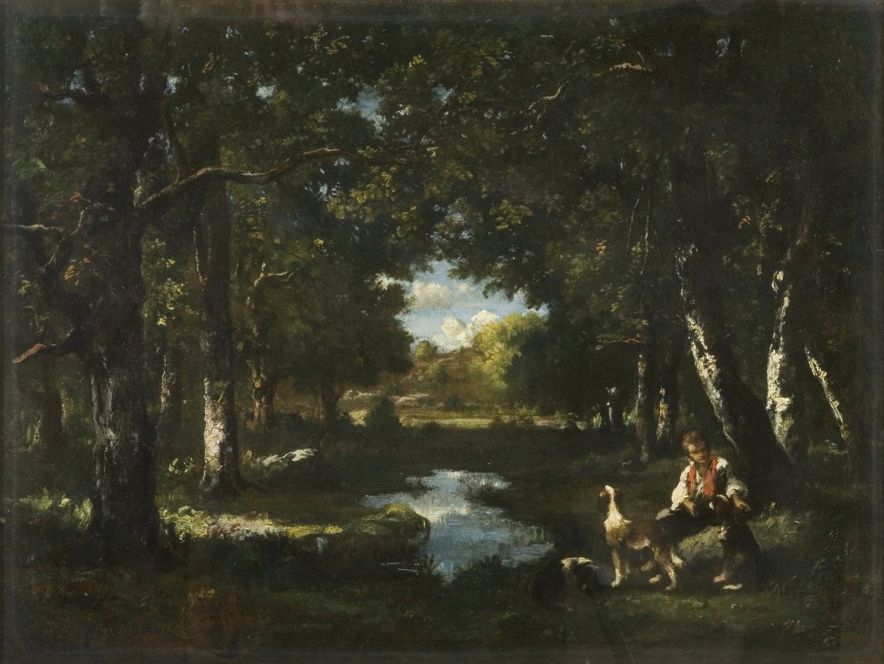 Uomo e cane che riposano in una radura della foresta da Narcisse Virgile Diaz de la Peña