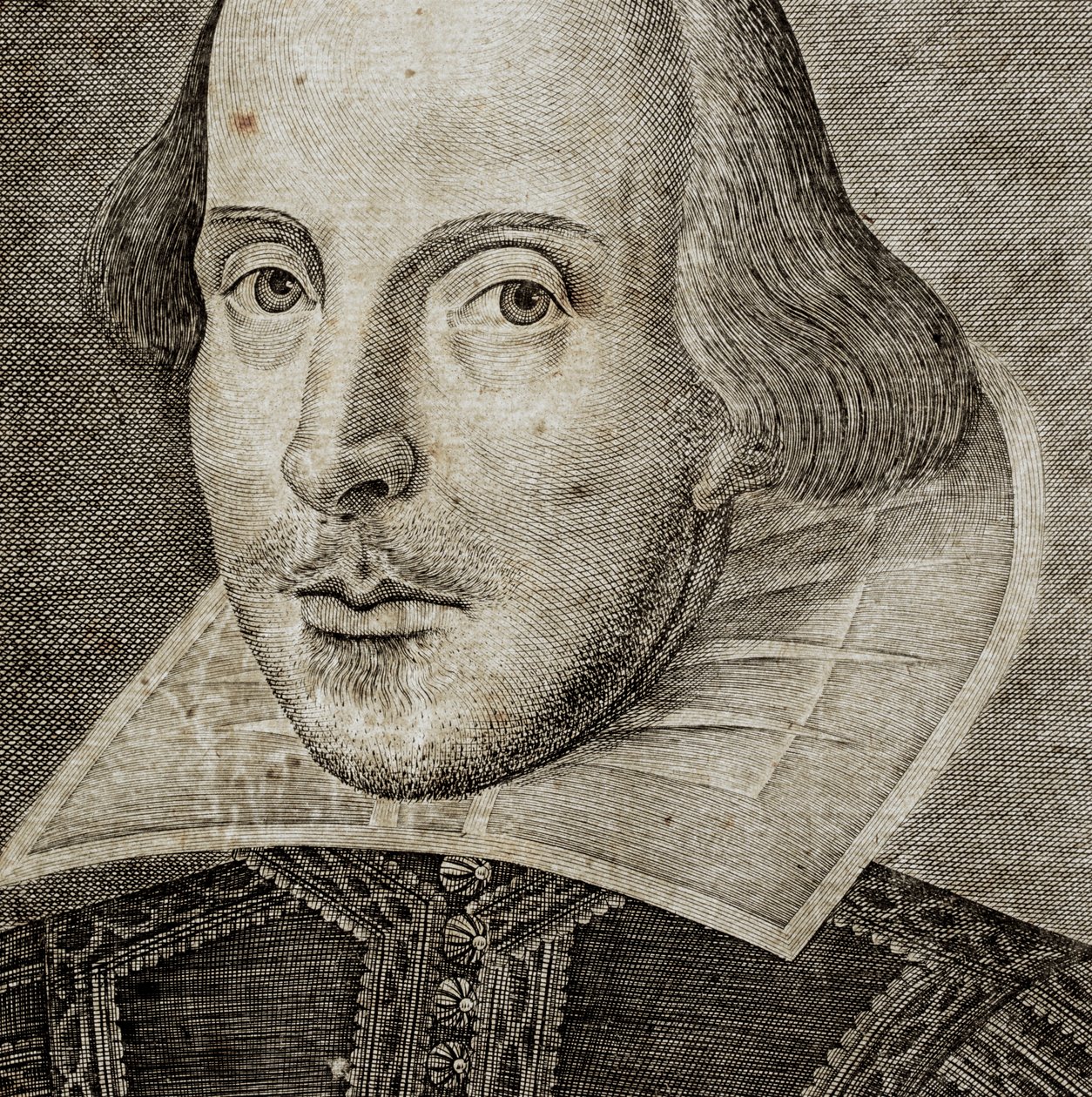 Dettaglio del ritratto di William Shakespeare sul frontespizio di Commedie, storie, & t... da Nathan Benn