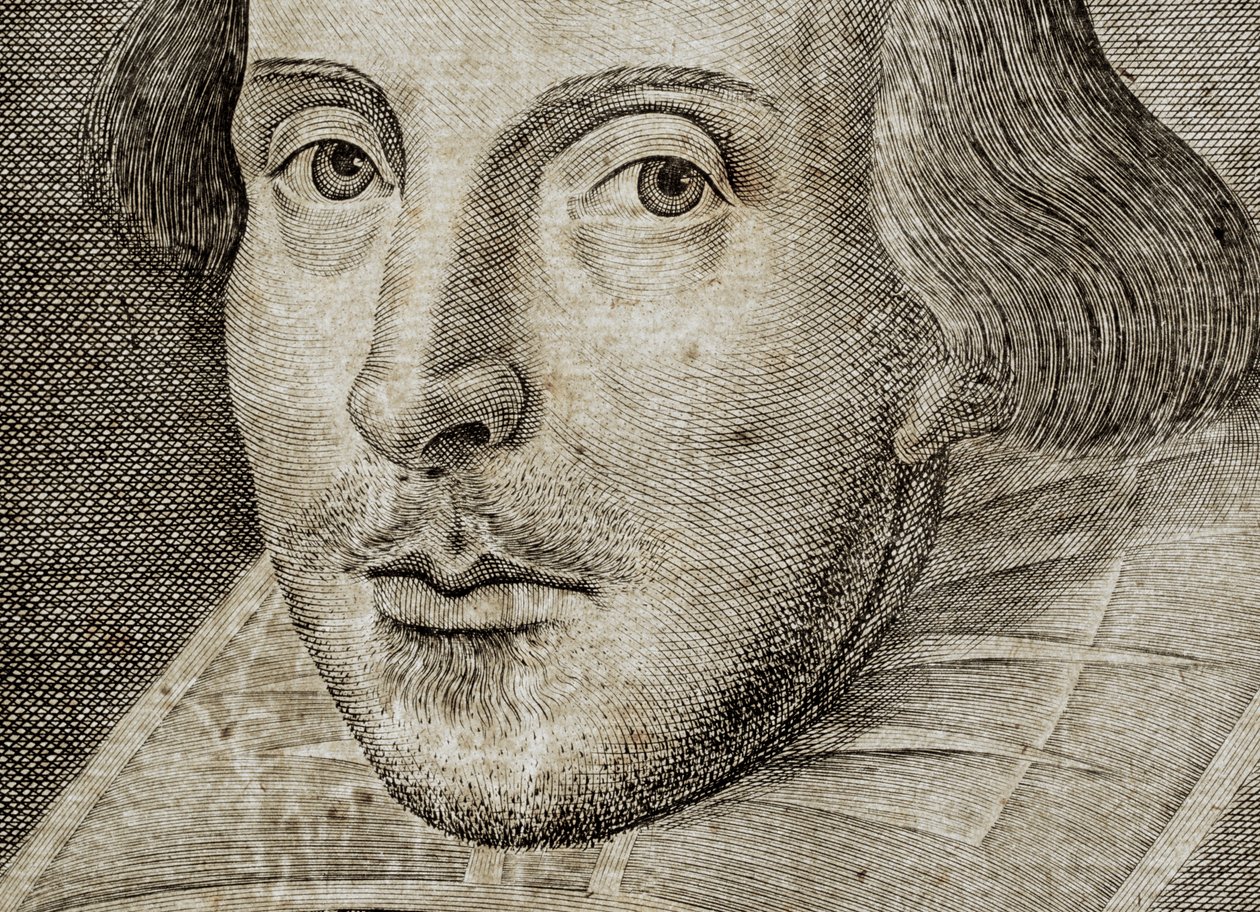 (dettaglio) Ritratto di William Shakespeare sul frontespizio di Commedie, storie, &c. da Nathan Benn