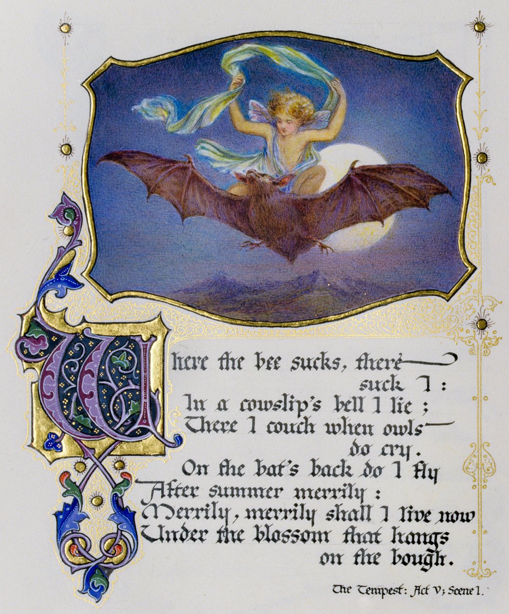 Pagina illuminata di un libro di sonetti di Shakespeare che raffigura una scena da La Tempesta da Nathan Benn
