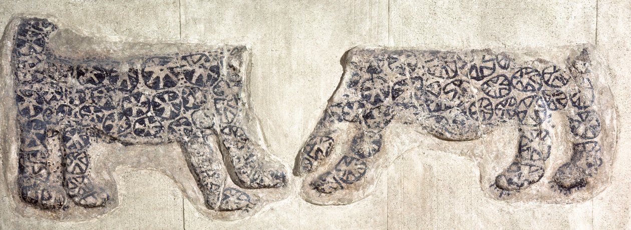 Decorazione murale neolitica di leopardi, scavata a Catal Huyuk in Anatolia centrale da Nathan Benn