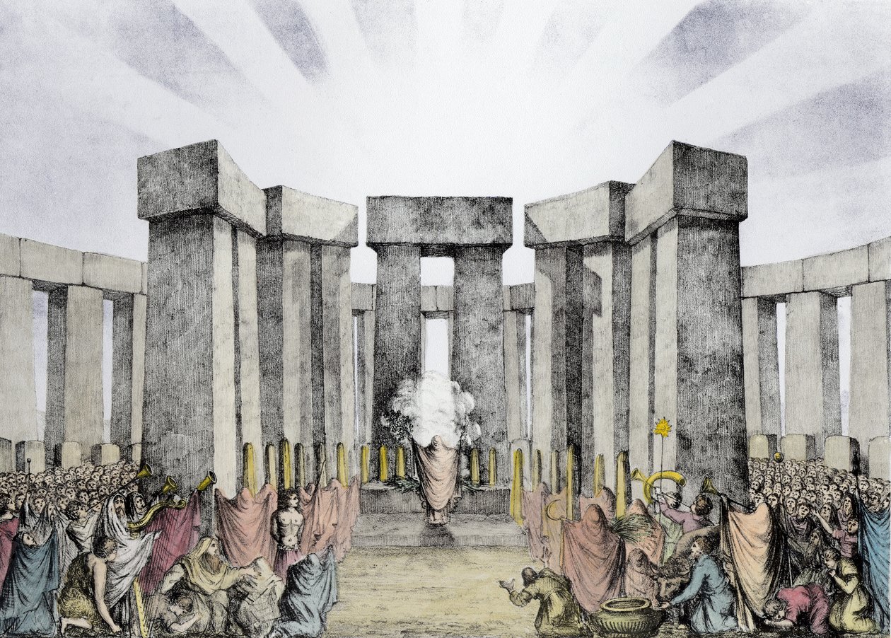 Druidi che sacrificano al sole nel loro tempio chiamato Stonehenge, da un piano di Stonehenge del Dr Stukeley nel Museo Ashmolean, Oxford, inciso e pub. dall