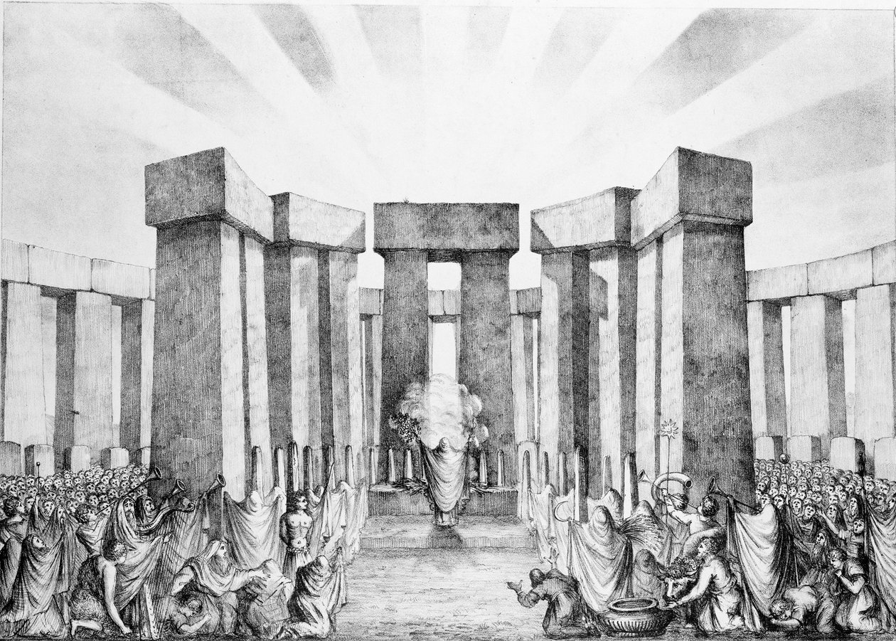 Druidi che sacrificano al sole nel loro tempio chiamato Stonehenge, da un piano di Stonehenge del Dr Stukeley nel Museo Ashmolean, Oxford, inciso e pubblicato dall