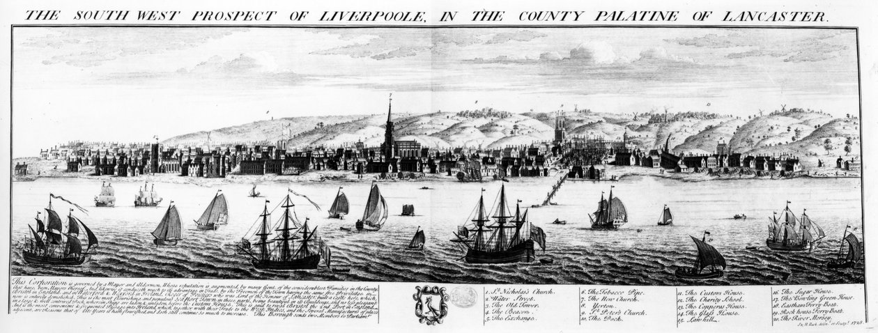 Il prospetto sud-ovest di Liverpool, nella contea palatina di Lancaster, 1728 da Nathaniel and Samuel Buck