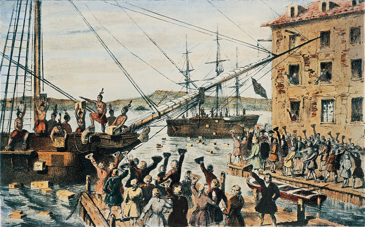 Boston Tea Party, casse di tè inglese gettate in mare nel porto di Boston dai coloni, 16 dicembre da Nathaniel (after) Currier