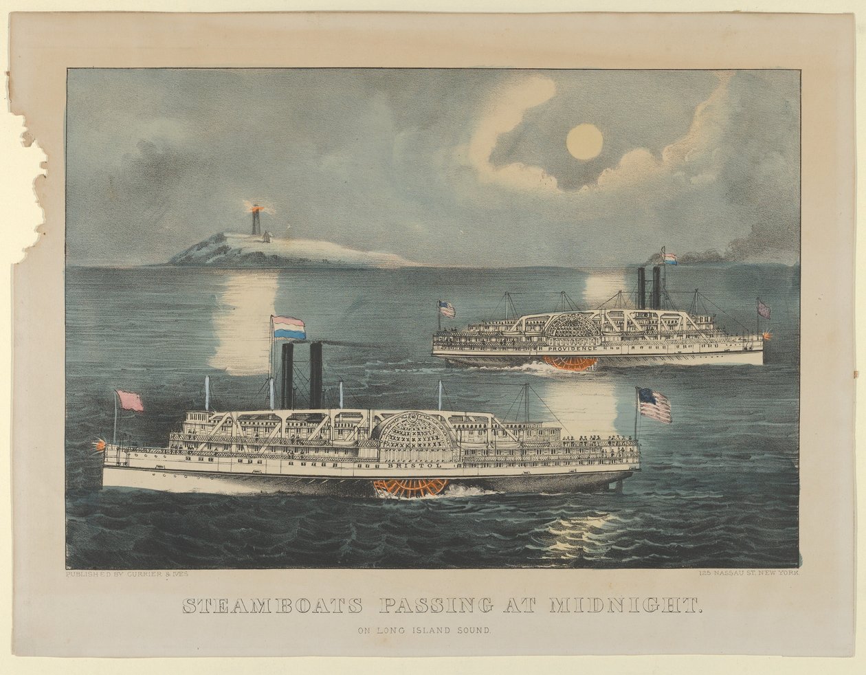 Battelli a vapore che passano a mezzanotte - Sul Long Island Sound da Currier and Ives