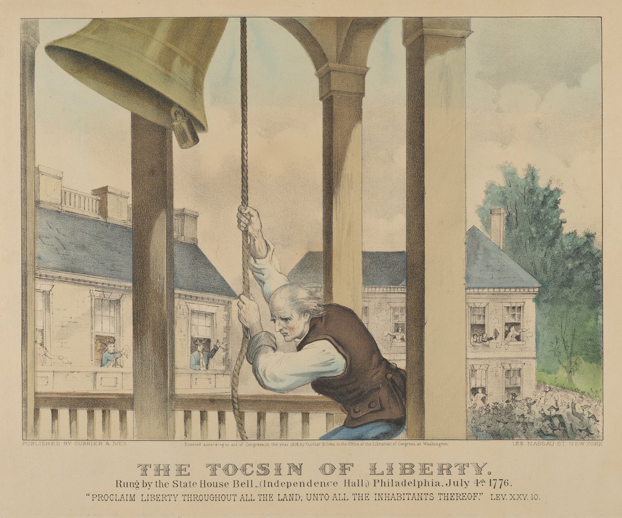 Il tocsin della libertà suonato dalla campana della State House, Independence Hall Philadelphia, luglio da Currier and Ives