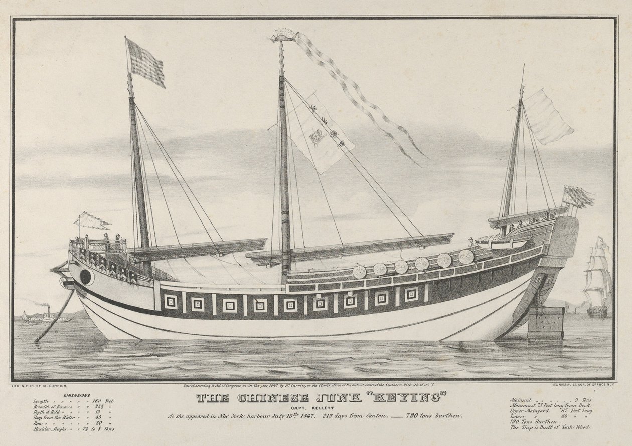 La giunca cinese Keying-Capitano Kellett-Come appariva nel porto di New York il 13 luglio..., 1847 da Nathaniel Currier