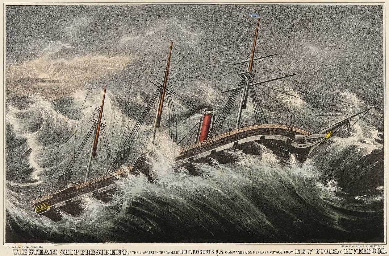 Il piroscafo President, il più grande del mondo, comandato dal tenente Roberts durante il suo ultimo viaggio da New York (USA) a Liverpool (Inghilterra), nella tempesta del 12 marzo da Nathaniel Currier