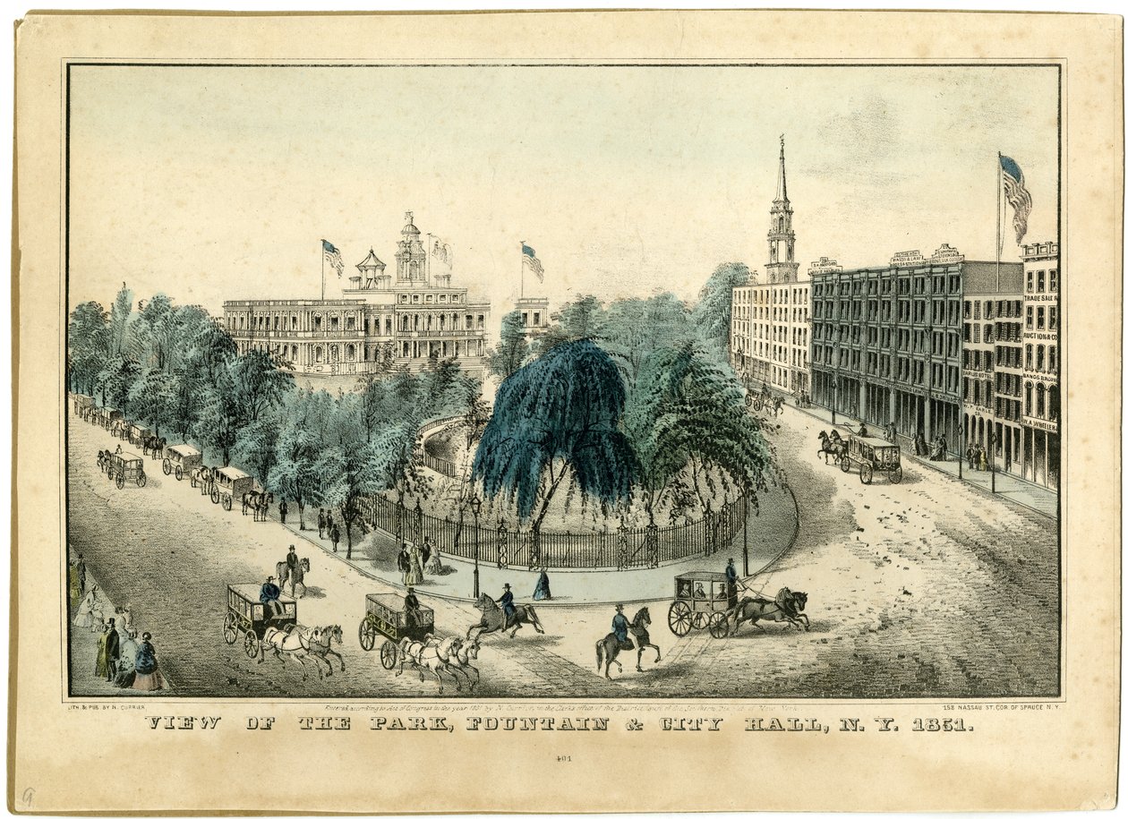 Vista del Parco, Fontana e Municipio, N.Y. 1851 da Nathaniel Currier