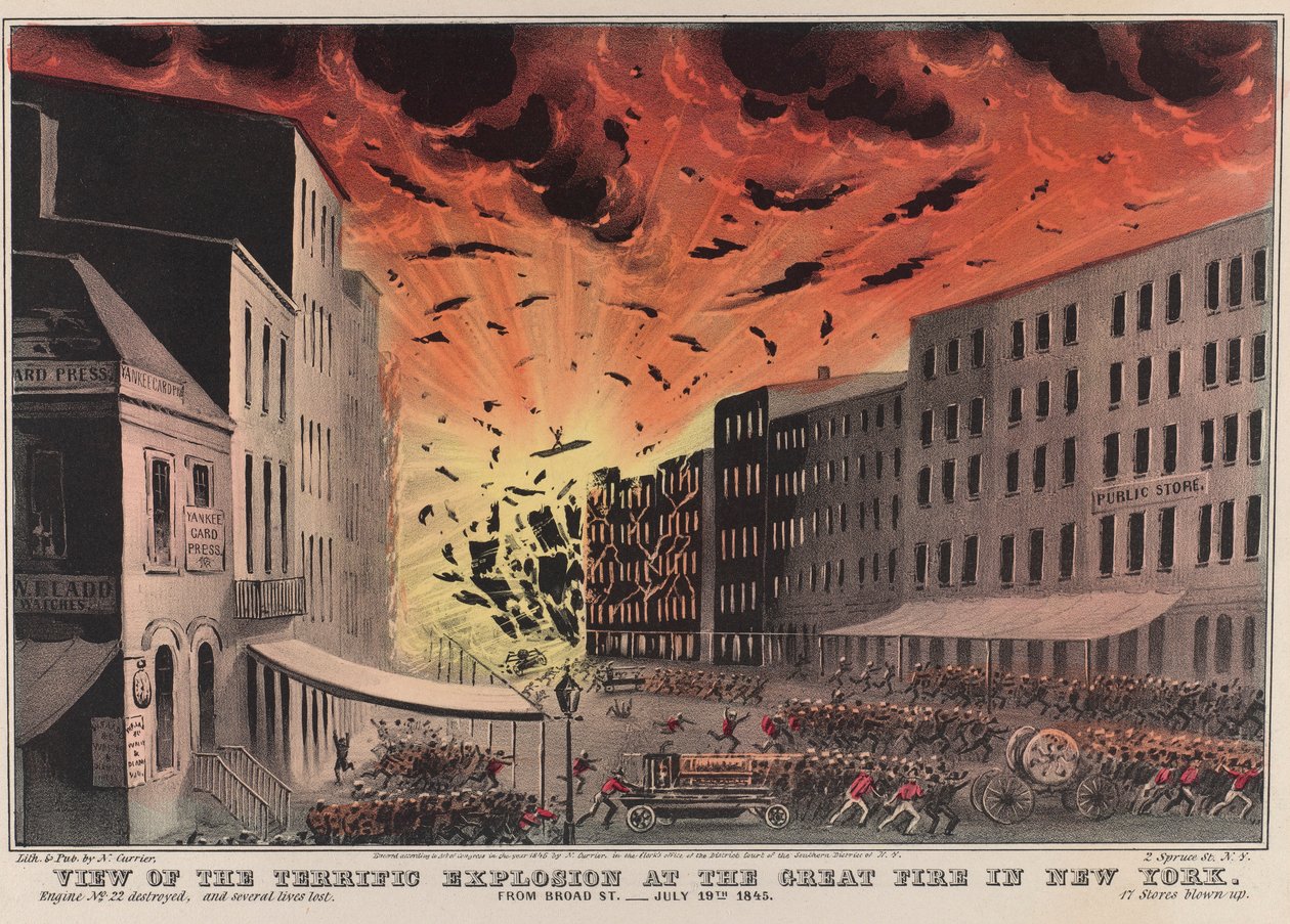 Veduta della terrificante esplosione al grande incendio di New York. Da Broad St. - 19 luglio 1845 da Nathaniel Currier