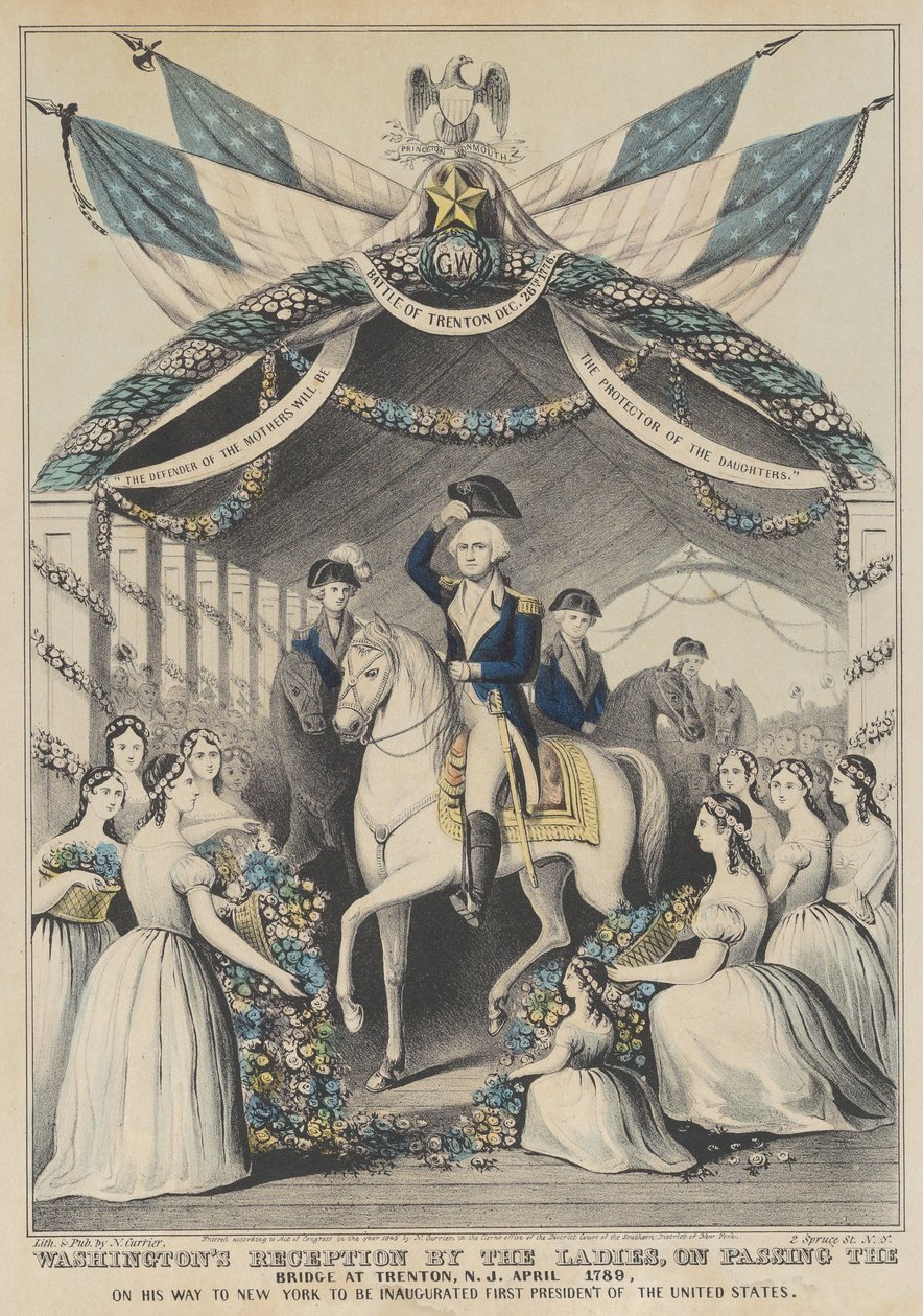 Accoglienza di Washington da parte delle signore al passaggio del ponte di Trenton, aprile 1789, sulla strada per essere inaugurato primo presidente degli Stati Uniti da Nathaniel Currier