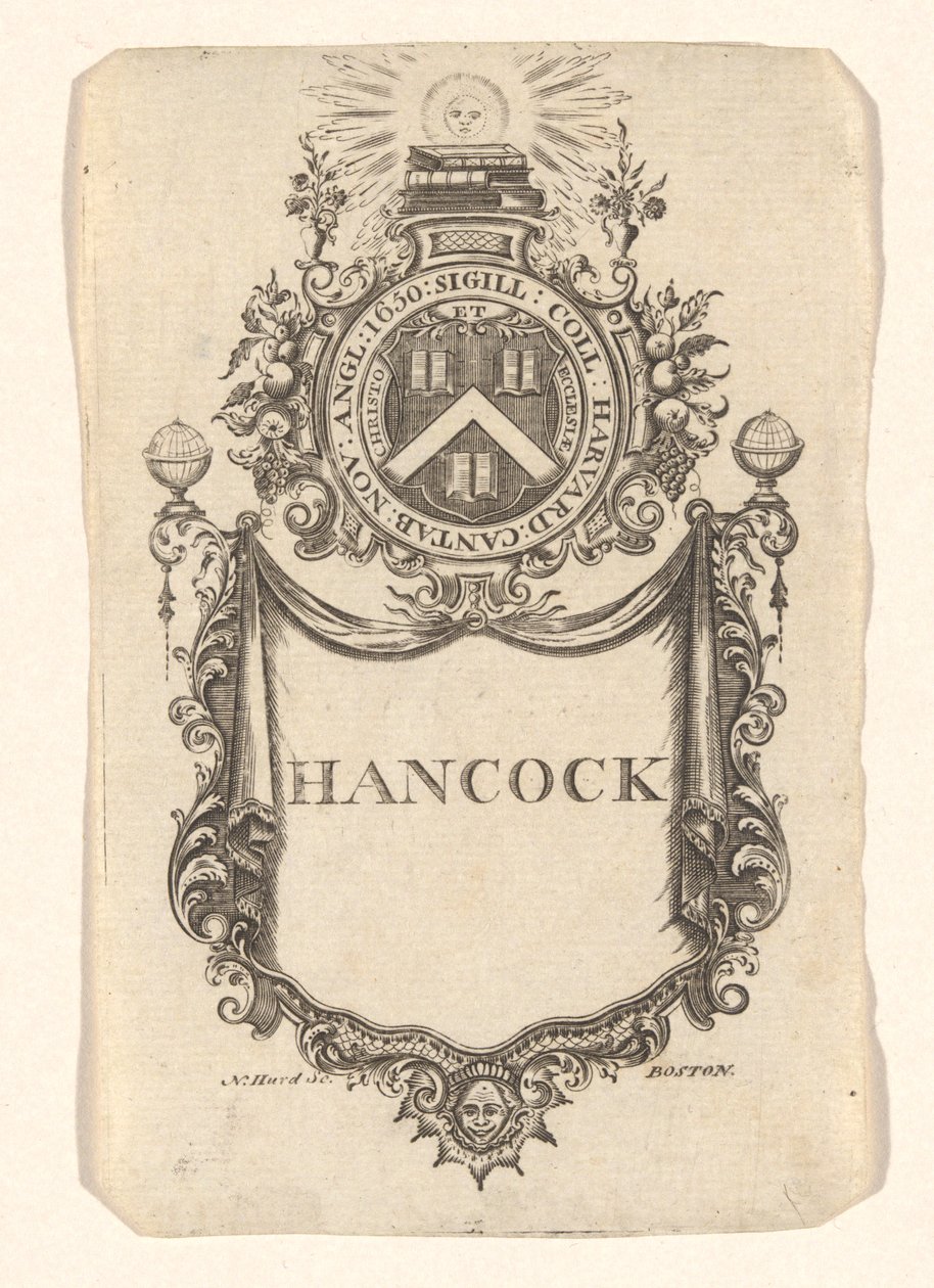 Ex libris del Harvard College (Hancock) da Nathaniel Hurd