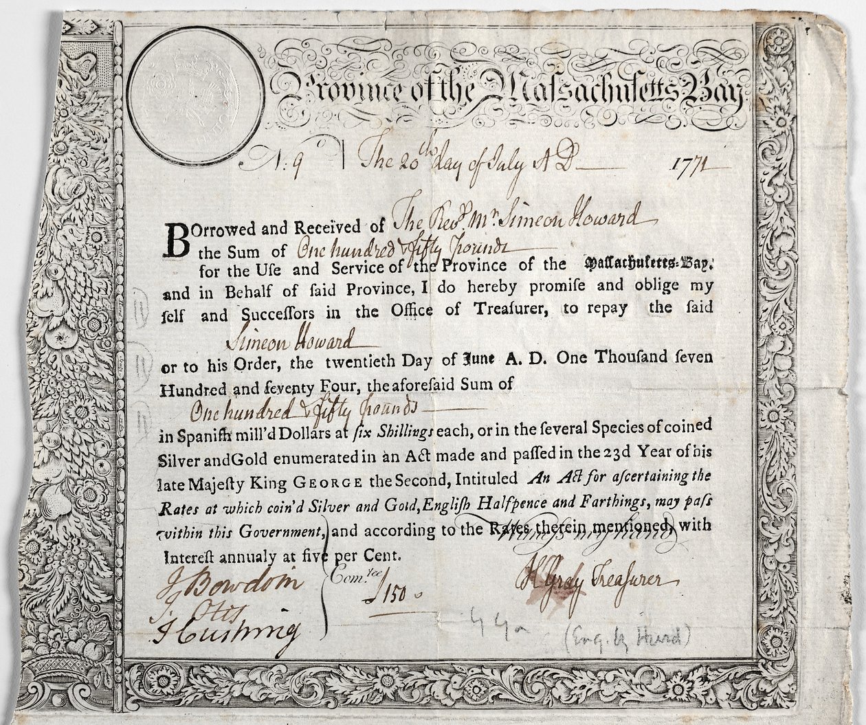 Certificato di prestito da Nathaniel Hurd