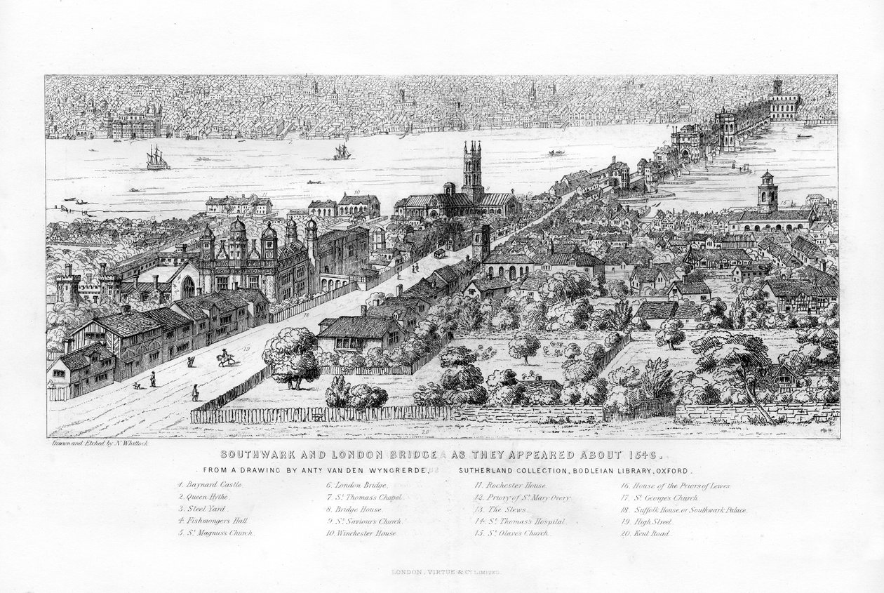 Southwark e London Bridge come apparivano intorno al 1546, c1860 da Nathaniel Whittock