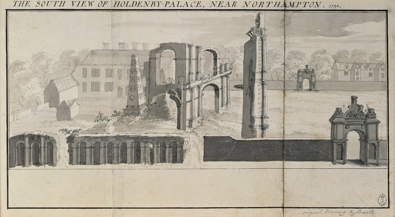 Vista sud di Holdenby House e rovine come viste nel 1729 da Nathaniel and Samuel Buck