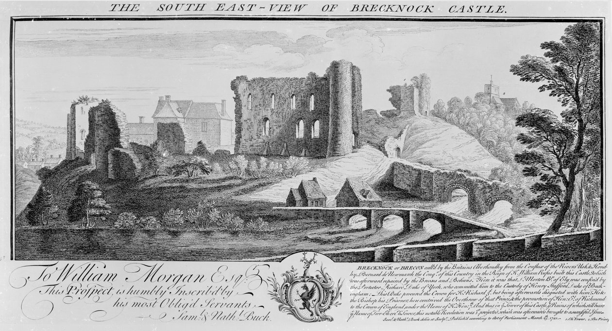 La vista sud-est del castello di Brecknock, 1741 da Nathaniel and Samuel Buck