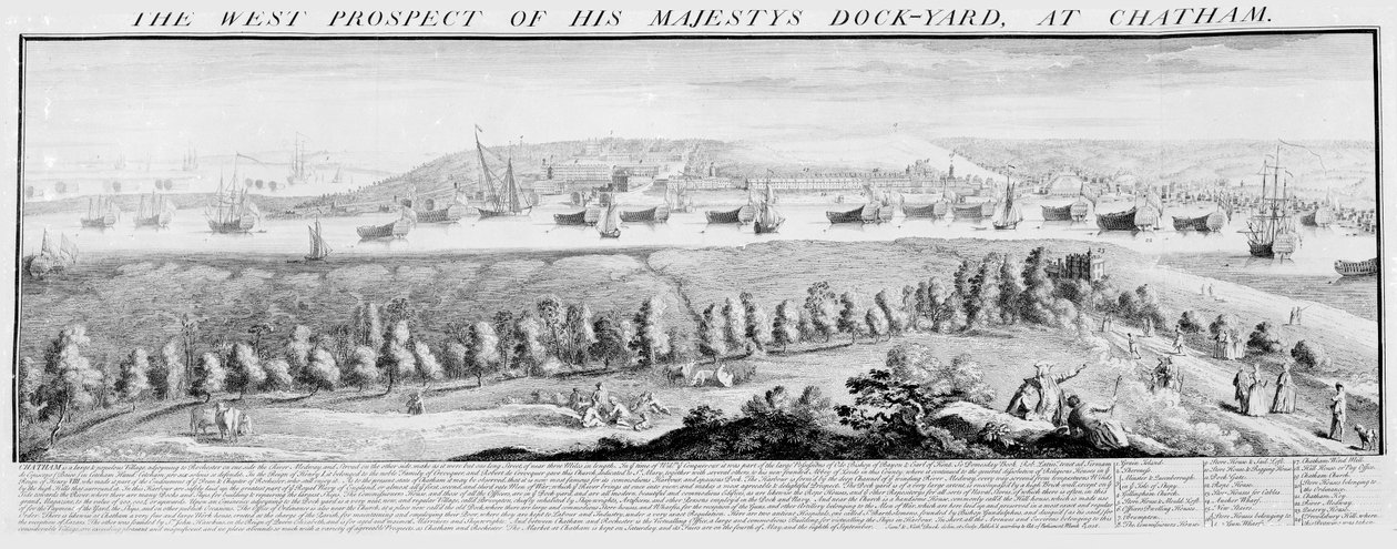La prospettiva occidentale del cantiere navale di Sua Maestà a Chatham, 1738 da Nathaniel and Samuel Buck