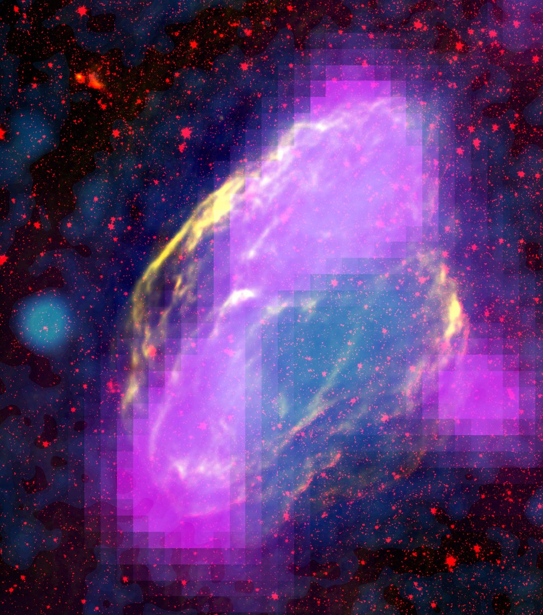 Regioni di emissione di raggi gamma GeV (magenta) nel resto di supernova W44. Le caratteristiche si allineano chiaramente con i filamenti in altre lunghezze d