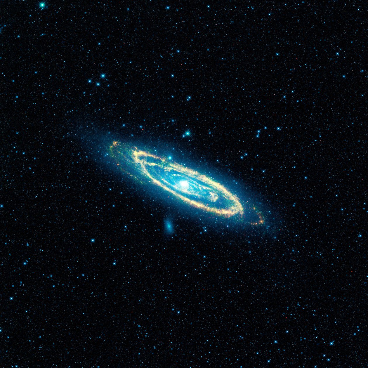 Immagine della galassia di Andromeda, M31, catturata dal Wide-field Infrared Survey Explorer (WISE) della NASA. Il mosaico copre un