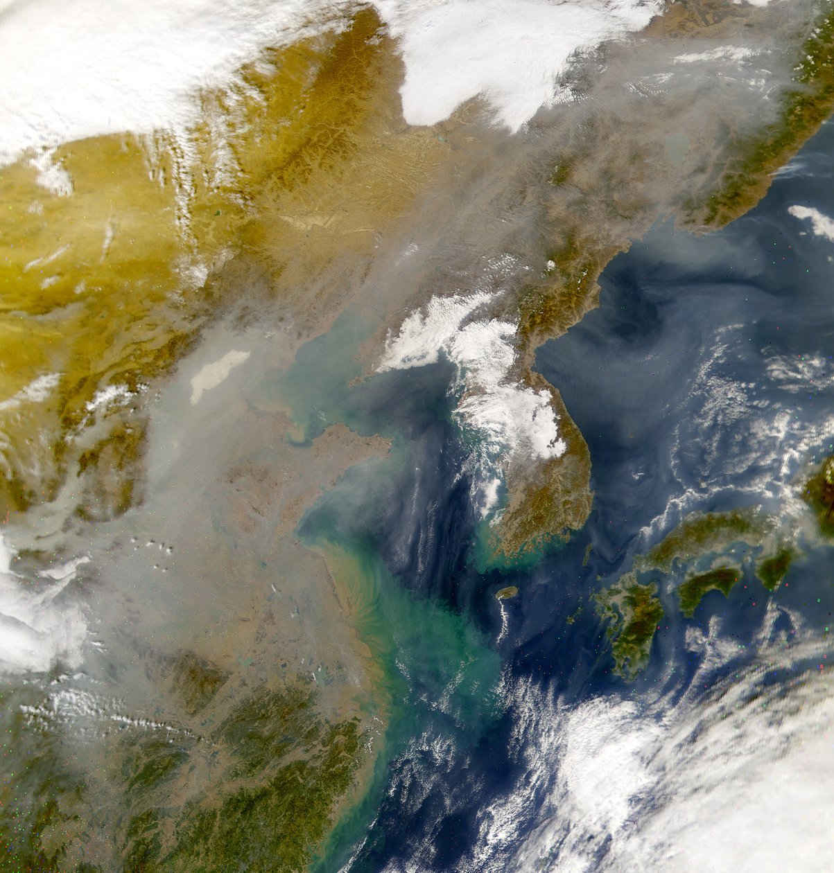 Corea e il Mar del Giappone oscurati da vortici di inquinamento in questa immagine scattata dal sensore Sea-viewing Wide Field-of-view Sensor (SeaWiFS) il 23 novembre 2001. Credito NASA. Scienza Geologia della Terra da National Aeronautics and Space Administration National Aeronautics and Space Administration