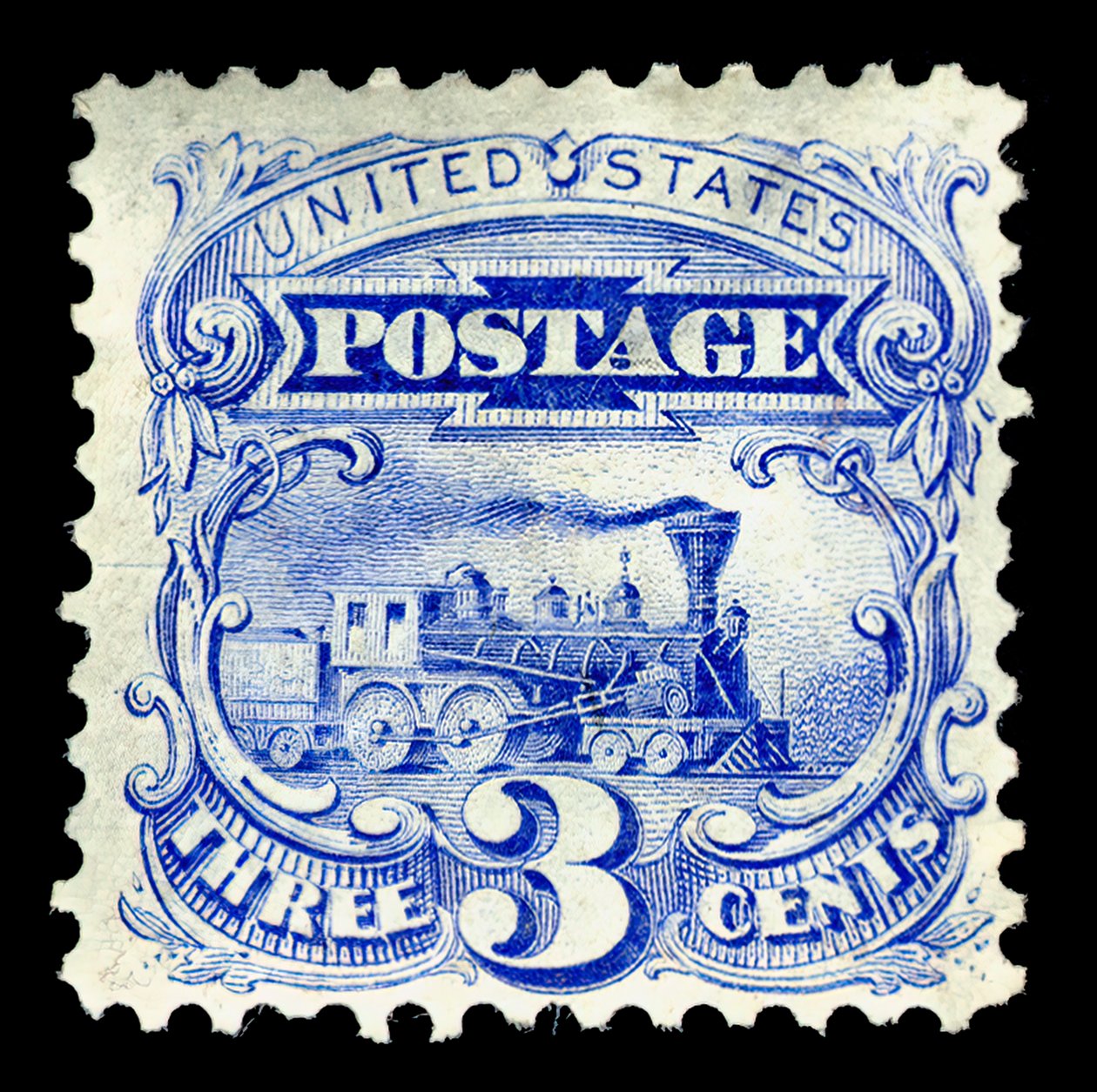 Locomotiva a vapore da 3 centesimi, ristampa singola, 1875 da National Bank Note Company
